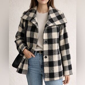 Ralph Lauren Chaps - Black Ivory Buffalo Plaid Coat Wool Blend m – Size L